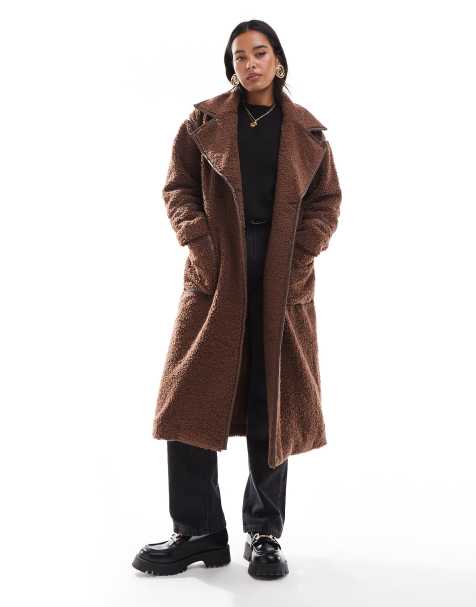 Wednesday's Girl borg faux leather edged longline coat in chocolate brown - view 1