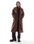 [Wednesday's Girl] Wednesday's Girl borg faux leather edged longline coat in chocolate brown S Chocolate brown