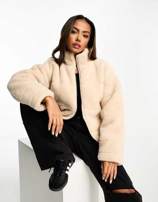 Wednesday's Girl borg funnel neck puffer jacket in cream | ASOS