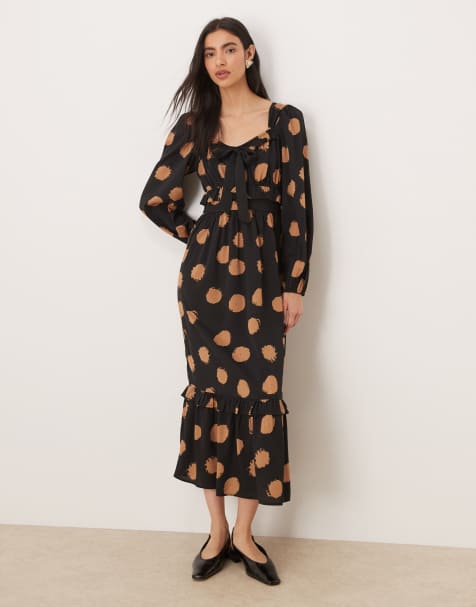 Wednesday's girl bow detail bardot midaxi dress in brown polka dot - view 1