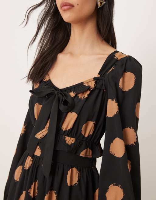 Wednesday's girl bow detail bardot midaxi dress in brown polka dot | ASOS