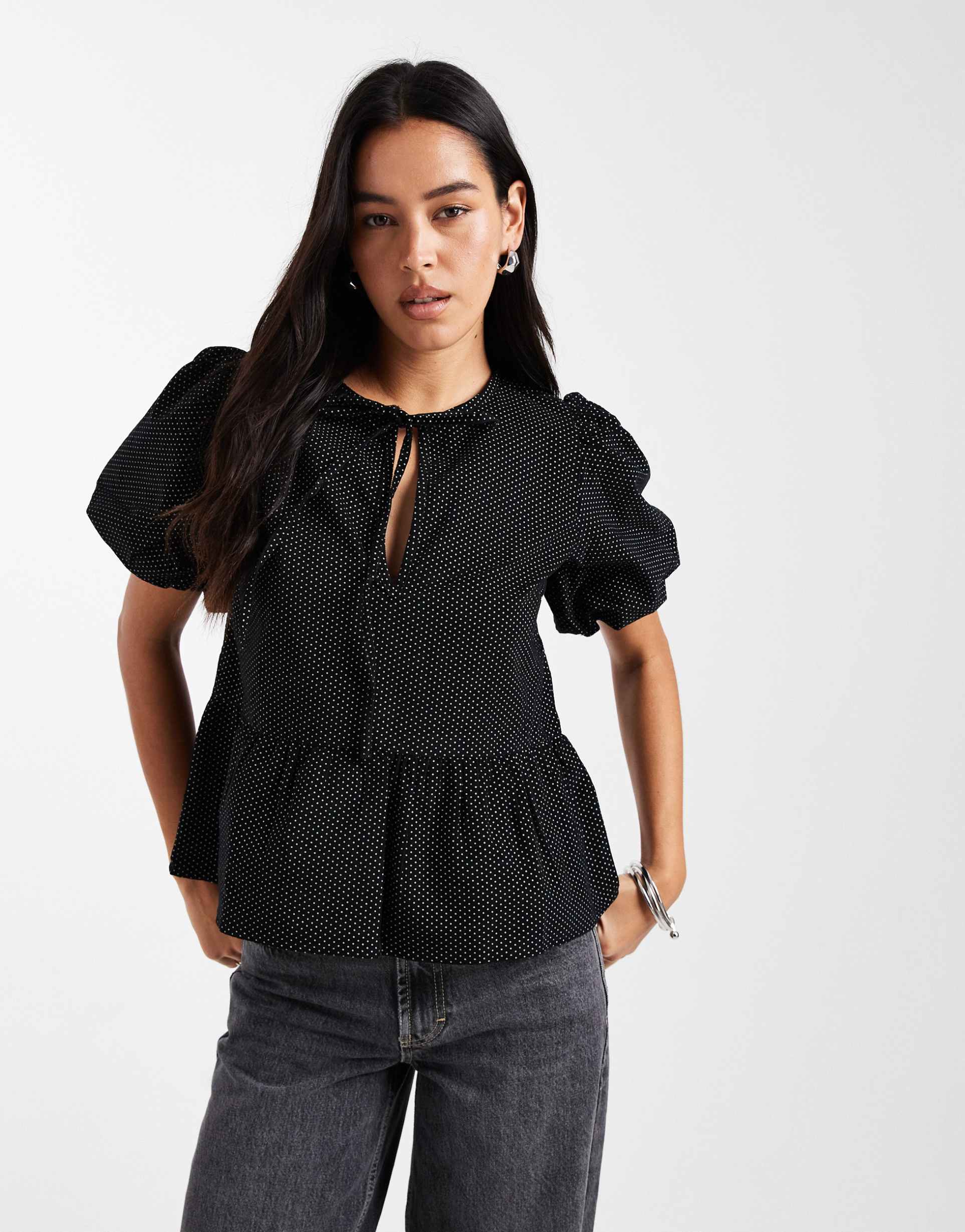 wednesday's girl bow detail polka dot cord blouse in black