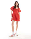 [Wednesday's Girl] Wednesday's Girl bow detail puff sleeve textured mini dress in red-White L RED