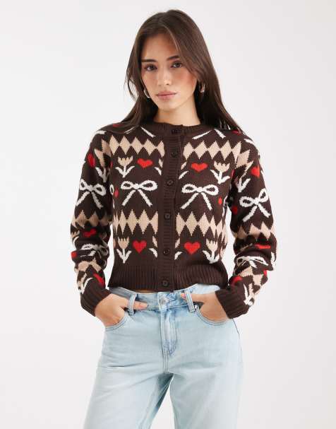 Wednesday's Girl bow intarsia cardigan in brown - view 1