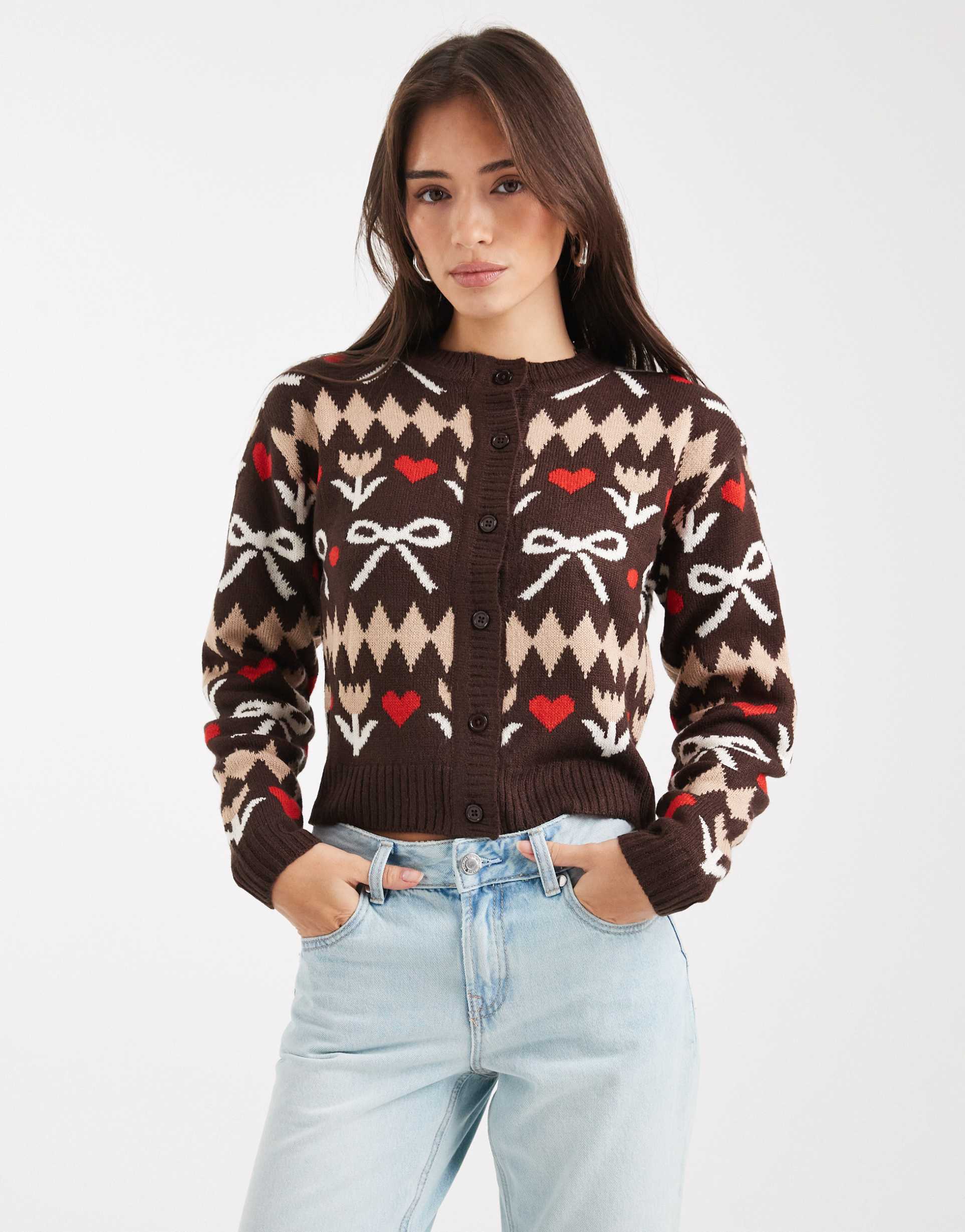 wednesday's girl bow intarsia cardigan in brown