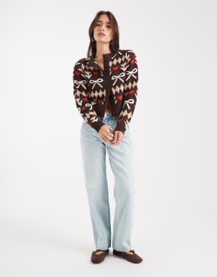 Wednesday's Girl Bow Intarsia Cardigan In Multi