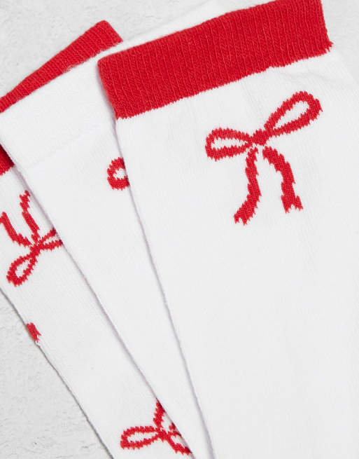 Wednesday's Girl bow print sock multipack in red and white, 2 of 4