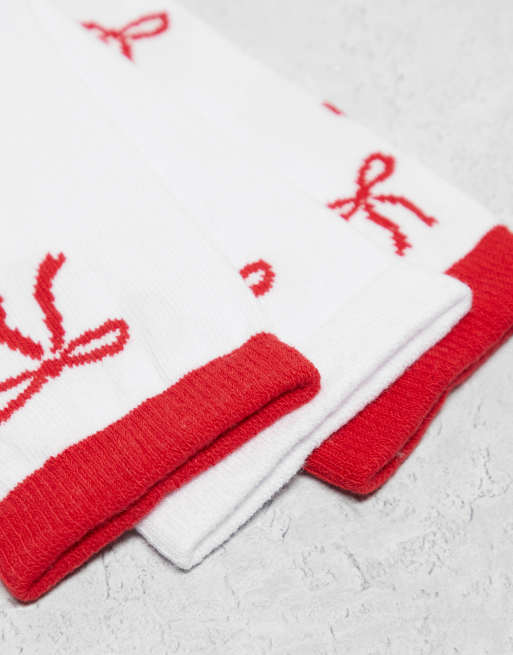 Wednesday's Girl bow print sock multipack in red and white, 3 of 4
