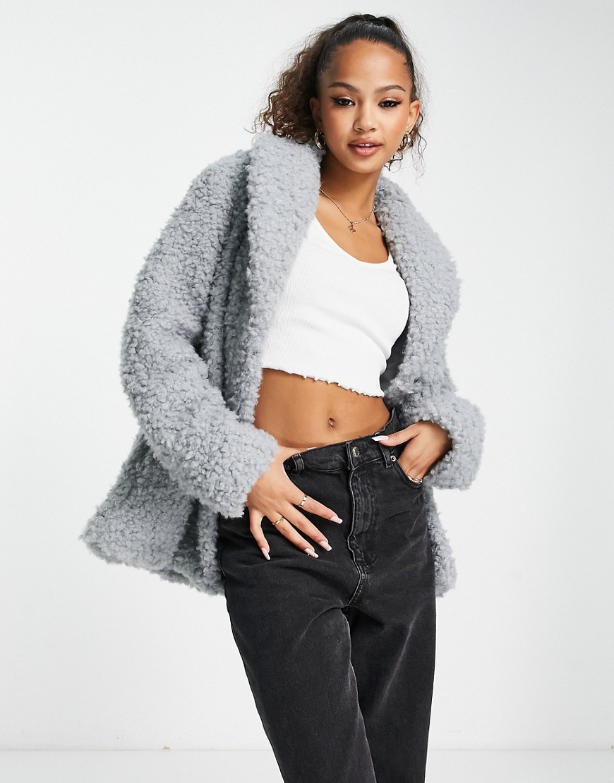 boxy collar detail jacket in gray fluff