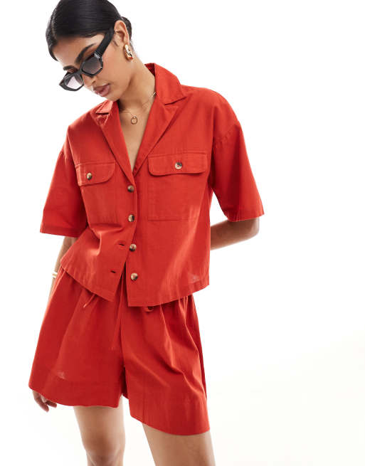Wednesday's Girl boxy cotton shirt in bright red (part of a set)