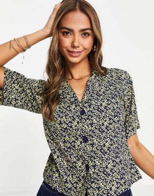 Wednesday's Girl boxy crop shirt in yellow navy floral co-ord
