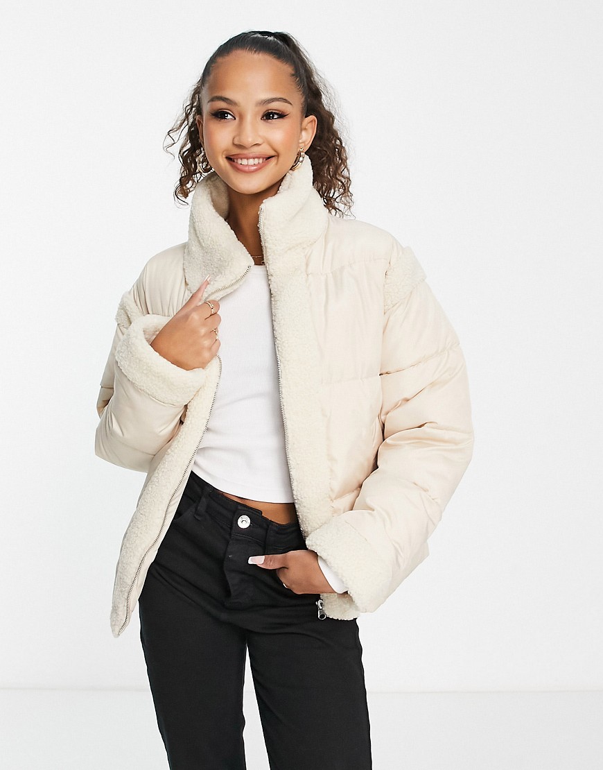 boxy high neck puffer jacket in cream with contrast sherpa panels-White