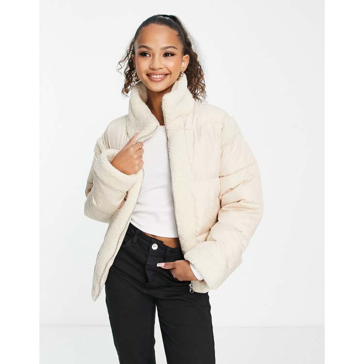 Wednesday's Girl boxy high neck puffer jacket in cream with contrast sherpa  panels