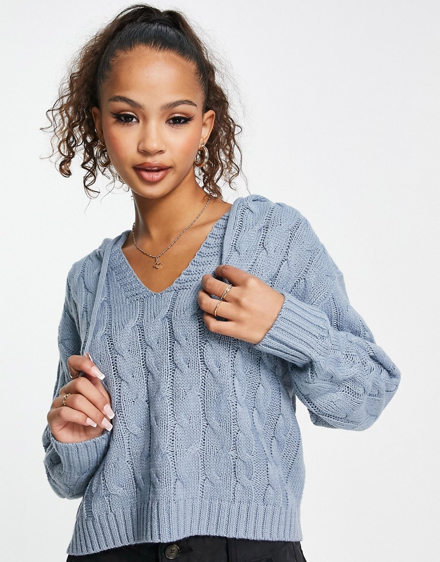 boxy hoodie in blue cable knit with tie neck