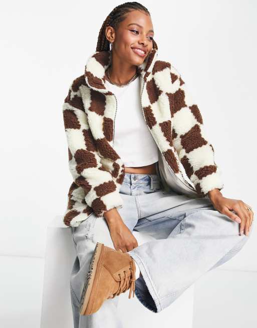 Wednesday s Girl boxy oversized coat in check fluffy teddy ASOS