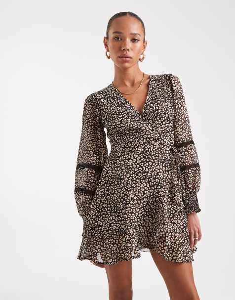 Wednesday's Girl wrap detail smudge leopard print mini dress in brown