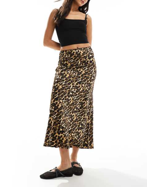 Wednesday's Girl leopard satin midaxi skirt in tan