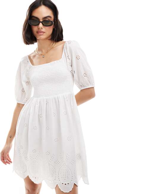 Wednesday's Girl broderie shirred detail mini smock dress mini in white