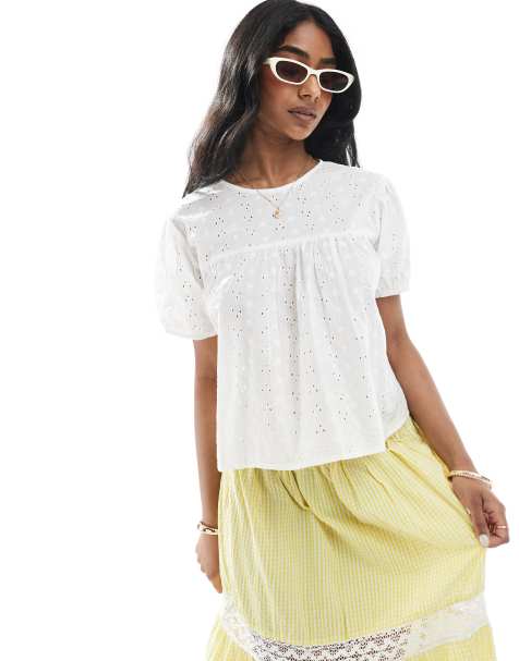 Wednesday's Girl broderie smock blouse in white - view 1