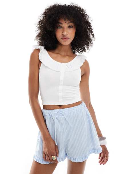 Wednesday's Girl broderie trip frill detailed button up singlet top in white - view 1