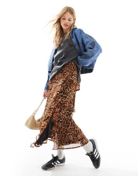 Wednesday's Girl - Brun flagrende midinederdel med leopardprint - view 1