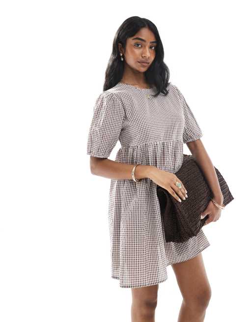 Wednesday's Girl - Brun mini-smockkjole med gingham-tern, 2 af 4