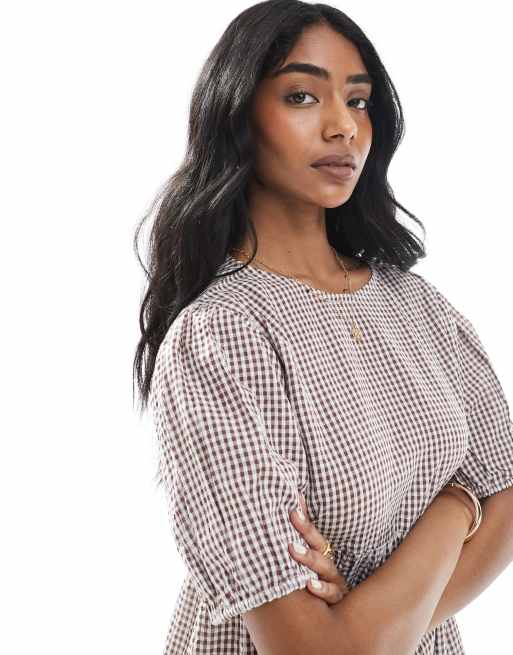 Wednesday's Girl - Brun mini-smockkjole med gingham-tern, 4 af 4