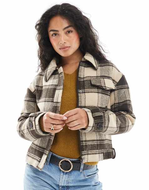 Wednesday's Girl brushed check bomber jacket in brown - view 1