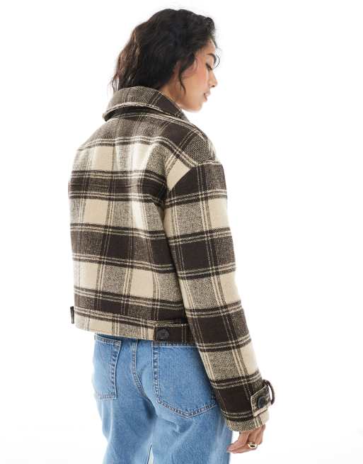 Wednesday's Girl brushed check bomber jacket in brown, 4 of 4