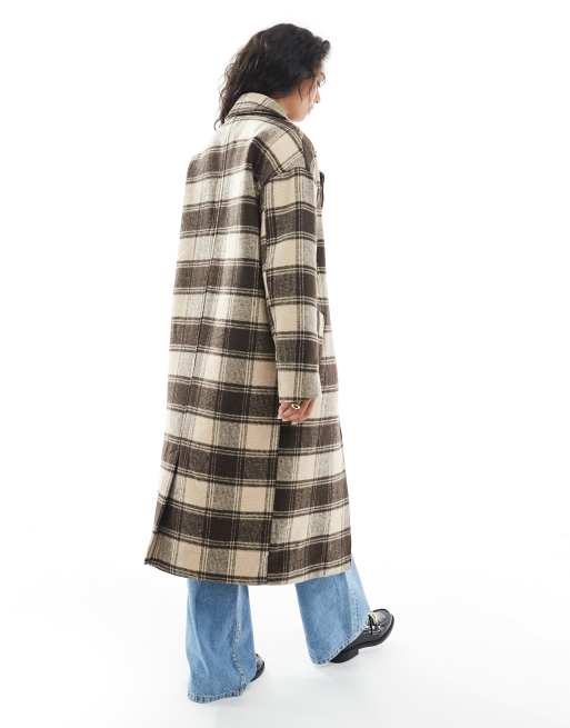 Wednesday's Girl brushed check longline coat in brown, 2 of 4