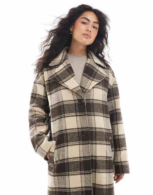 Wednesday's Girl brushed check longline coat in brown, 4 of 4