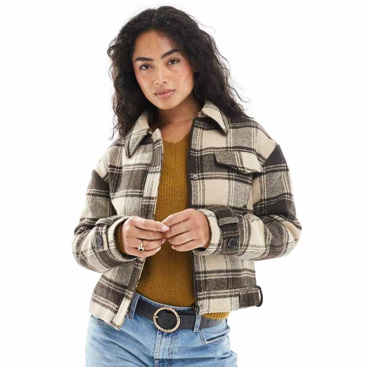 Wednesday's Girl brushed plaid bomber jacket in brown | ASOS