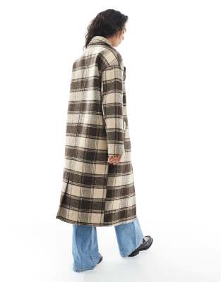 Wednesday's Girl Brushed Plaid Longline Coat In Brown