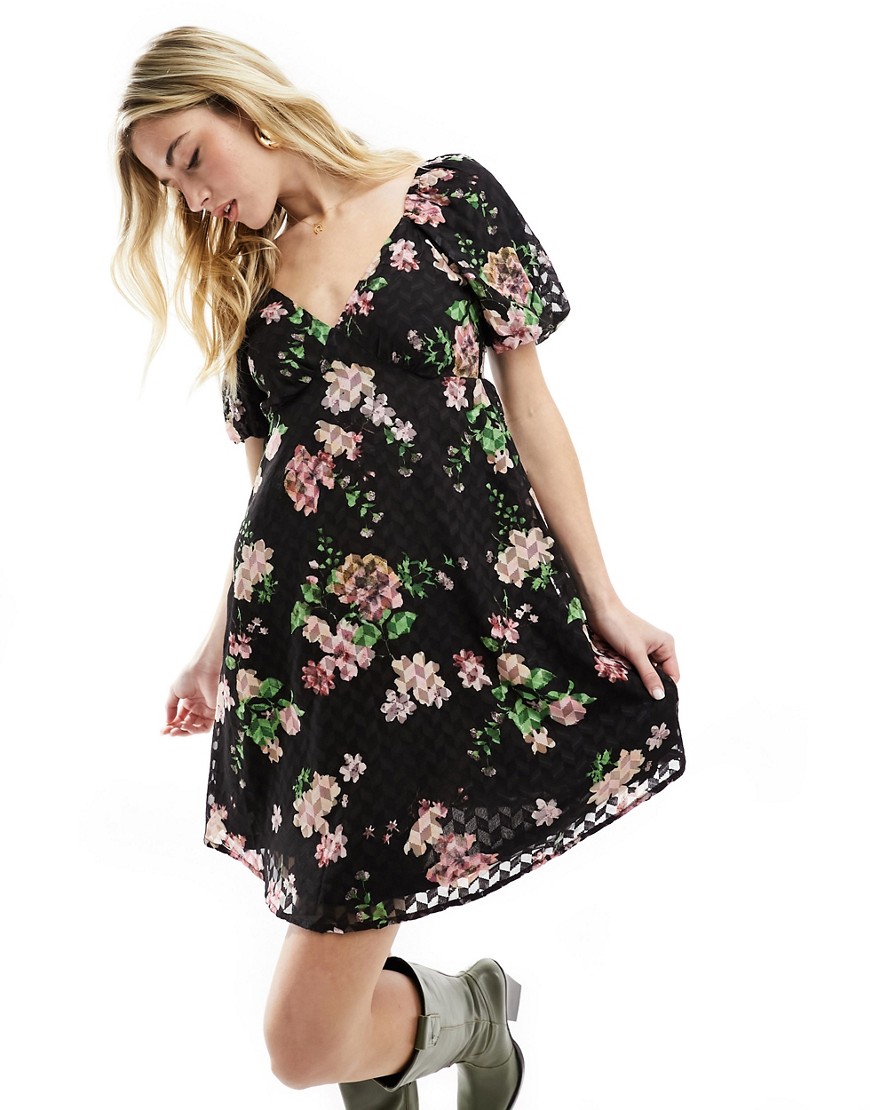 Wednesday's Girl Burnout Puff Sleeve Mini Dress In Black Floral