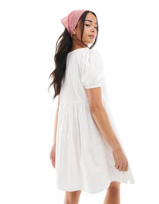 Wednesday's Girl button detail mini smock dress in white