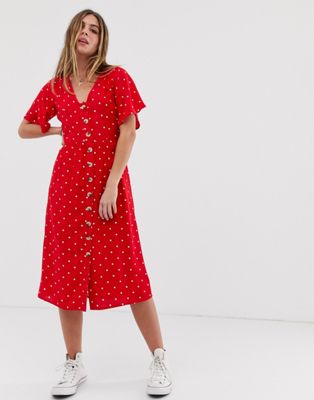 red polka dot button down dress
