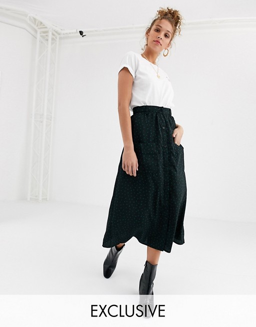 Wednesday's Girl button front midi skirt in mini spot print