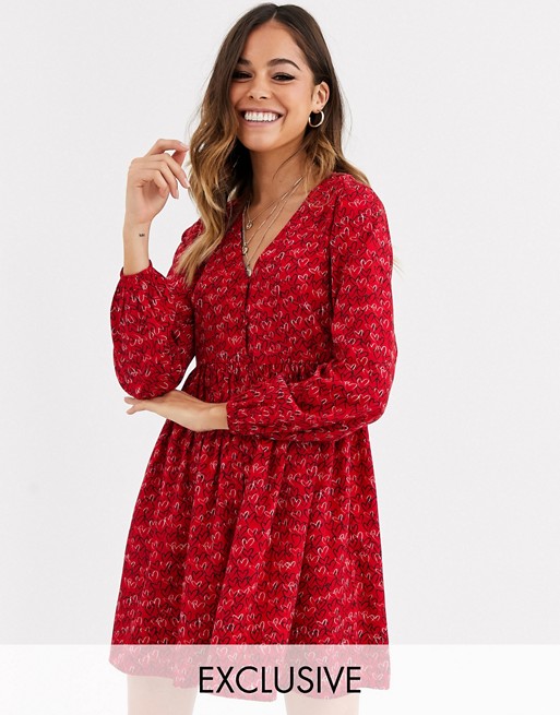 Wednesday's Girl button front smock dress in scribble heart print
