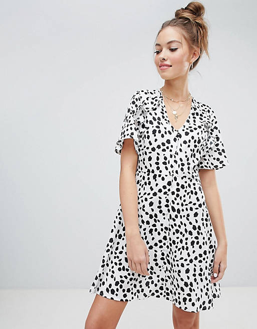 Wednesday's Girl button front tea dress with tie back detail in dalmation spot