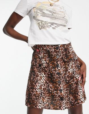 Wednesday's Girl button through mini a-line skirt in grunge leopard