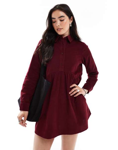 Wednesday's Girl button through mini cord smock dress in dark red - view 1