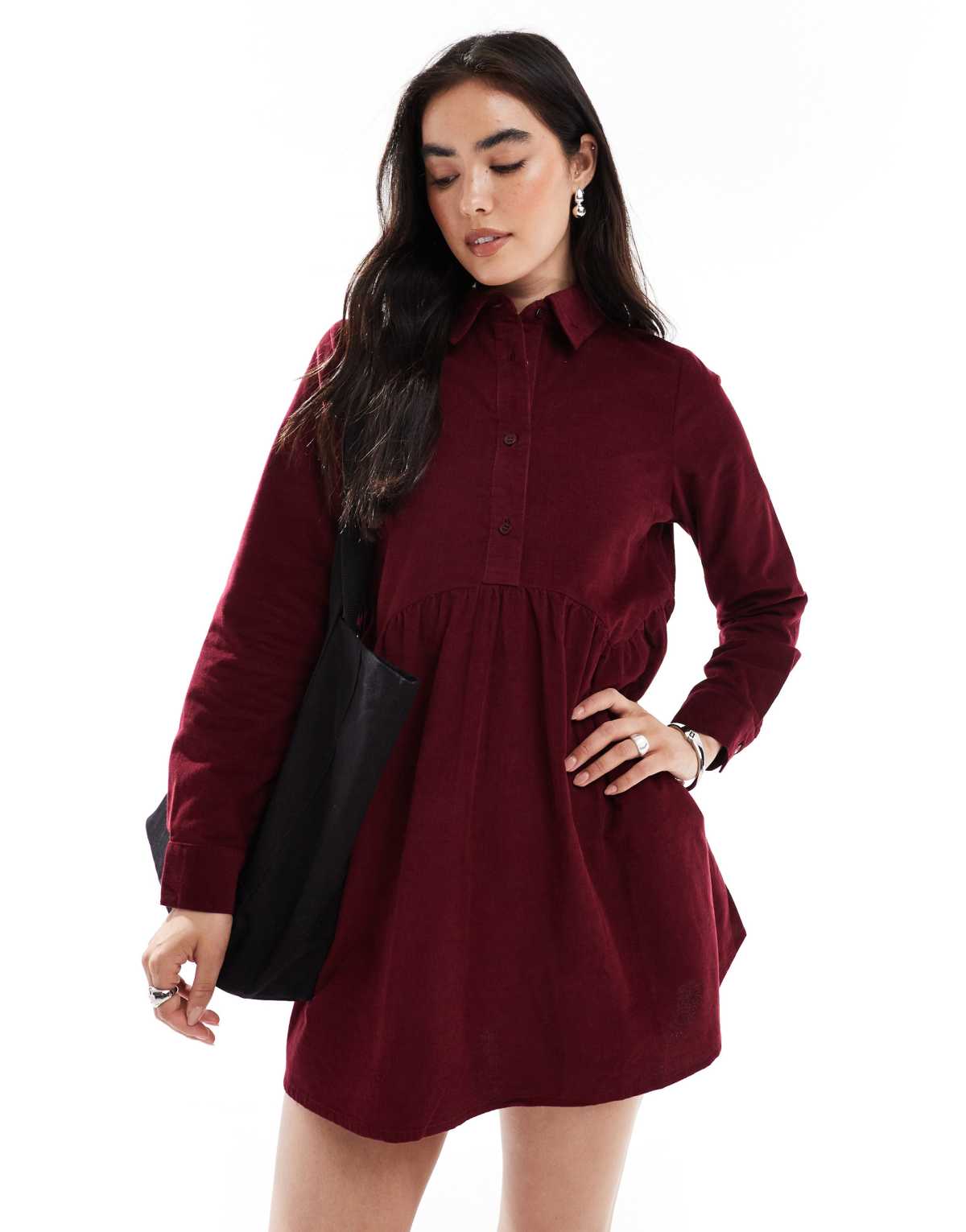 Wednesday's Girl button through mini cord smock dress in dark red