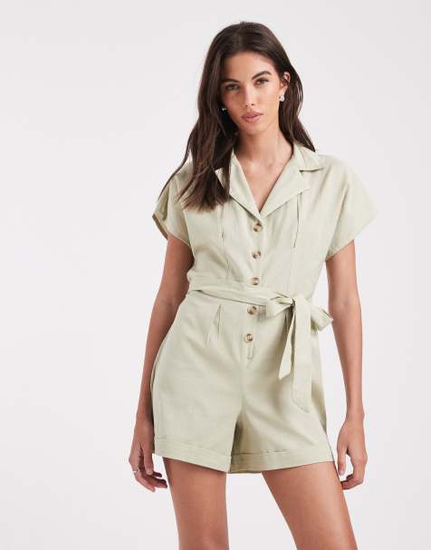 Wednesday's Girl button tie linen mix romper in sage green - view 1