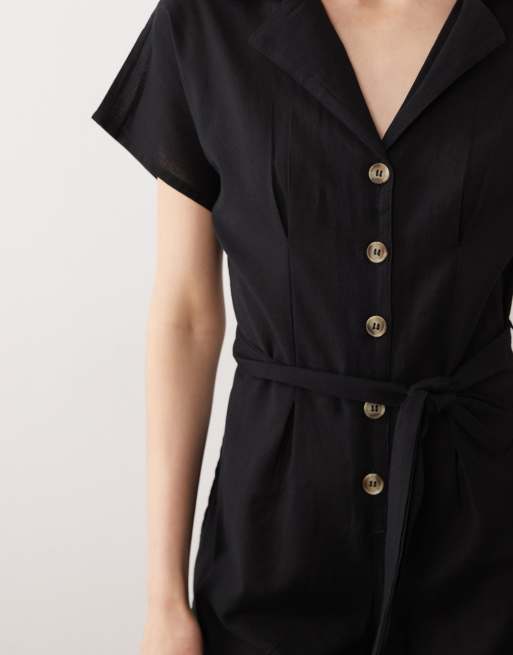 Wednesday's Girl button tie linen playsuit in black, 2 of 4