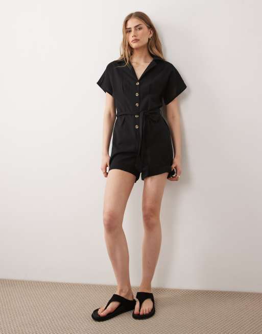 Wednesday's Girl button tie linen playsuit in black, 3 of 4
