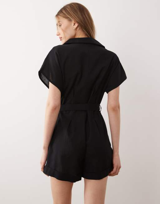 Wednesday's Girl button tie linen playsuit in black, 4 of 4