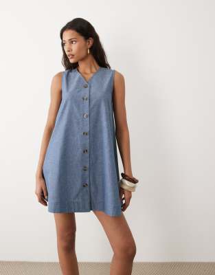 Wednesday's Girl Wednesdays Girl Button Up Chambray Mini Shift Dress In Blue