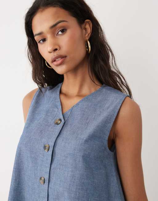 Wednesdays Girl button up chambray mini shift dress in mid blue, 2 of 4