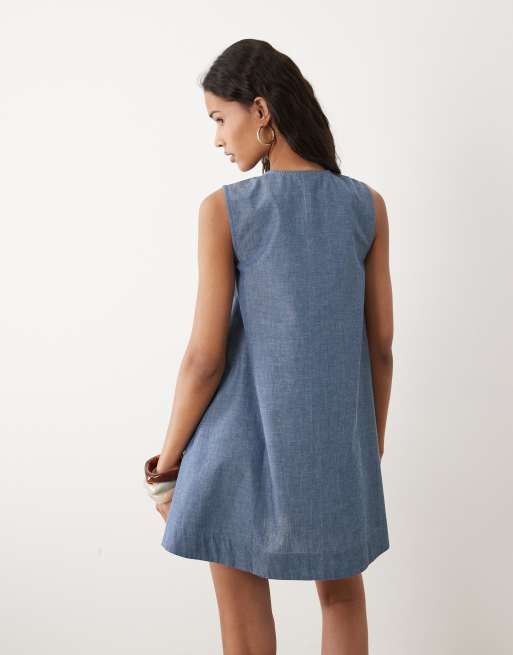 Wednesdays Girl button up chambray mini shift dress in mid blue, 4 of 4