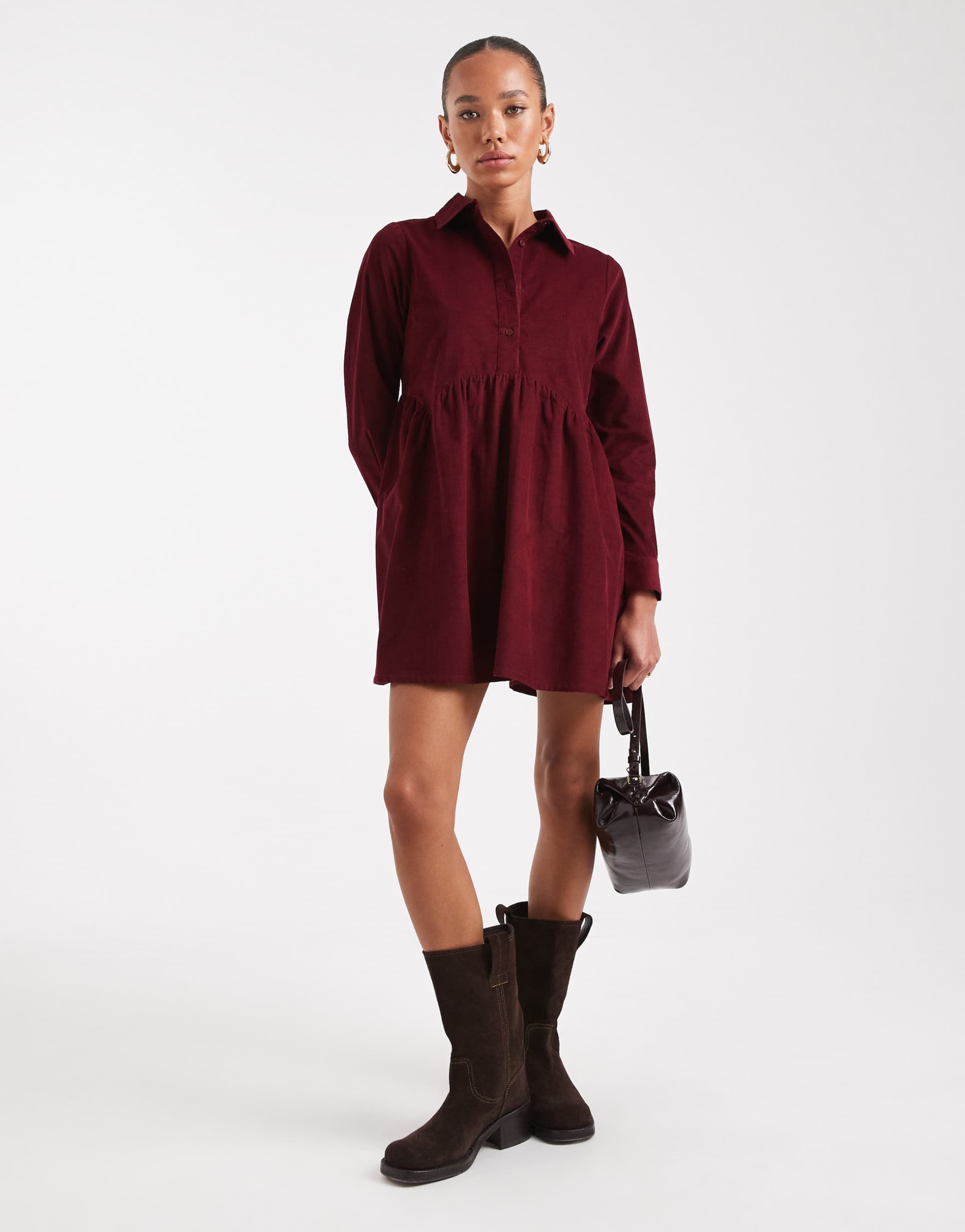 wednesday's girl button up corduroy smock mini dress in dark red